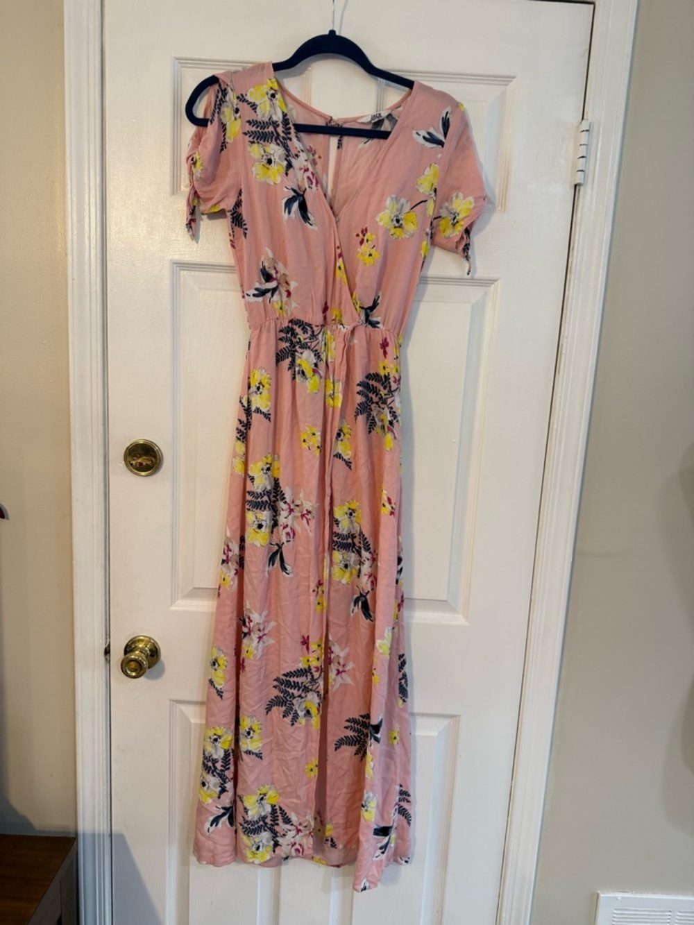 BB Dakota Pink Floral Wrap Maxi Dress with Yellow Accents Shorts Underneath